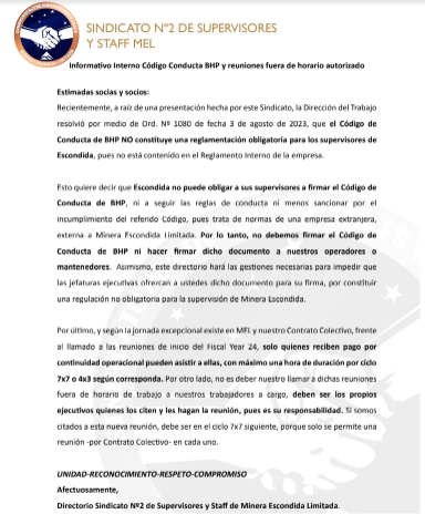 Informativo Interno Sindicato Supervisores y Staff Minera Escondida_04082023