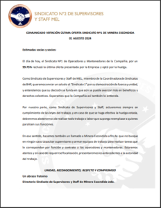 COMUNICADO VOTACIÓN ÚLTIMA OFERTA SINDICATO Nº1 DE MINERA ESCONDIDA.