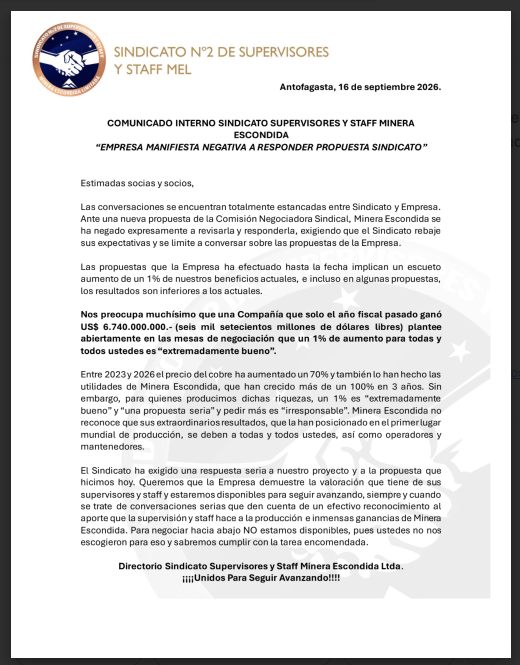 COMUNICADO INTERNO 16 SEPTIEMBRE 2026