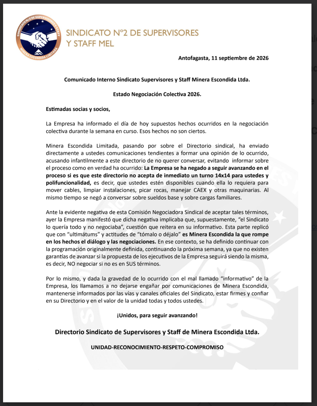 Comunicado Interno Sindicato Supervisores y Staff Minera Escondida Ltda.